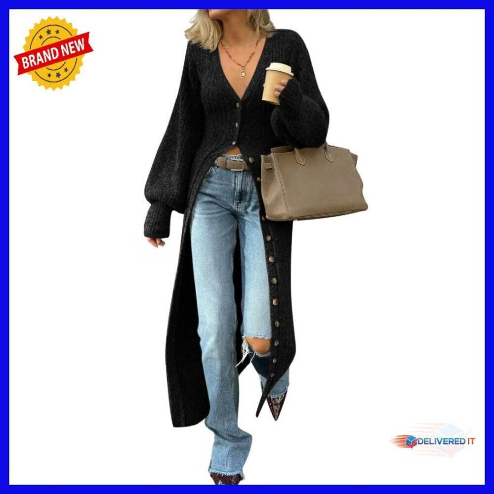 Chunky Knit Maxi Cardigan V-Neck Button Down Duster Sweater Coat